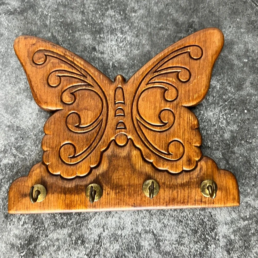 Vintage Wooden Carved Butterfly Wall-Mounted Key Holder | Cottage Fairy